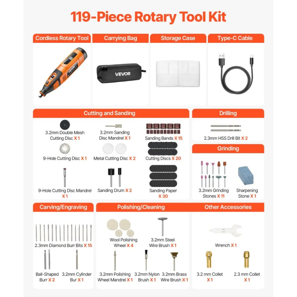VEVOR 119-Piece Cordless Rotary Tool Kit, DC12V Portable Mini Power Rotary Tool, 28-Level Speed 5000-32000 RPM Multi-Purpose DIY Tools for Engraving, Sanding, Polishing, Carving, Cutting, DIY Crafts