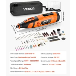VEVOR 119-Piece Cordless Rotary Tool Kit, DC12V Portable Mini Power Rotary Tool, 28-Level Speed 5000-32000 RPM Multi-Purpose DIY Tools for Engraving, Sanding, Polishing, Carving, Cutting, DIY Crafts