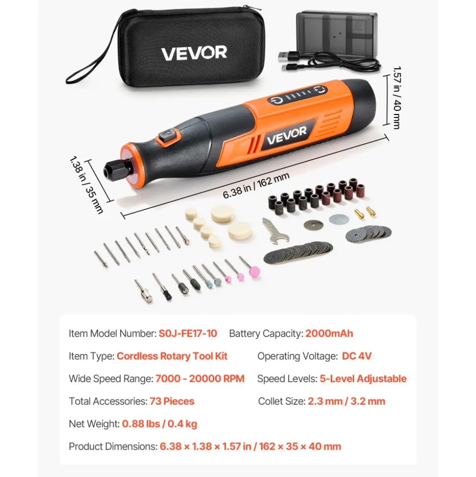 VEVOR 136-Piece Cordless Rotary Tool Kit, DC8V Portable Mini Power Rotary Tool, 5 Speeds 5000-30000RPM Multi-Purpose DIY Tools for Engraving, Sanding, Polishing, Carving, Grinding, Cutting, DIY Craft