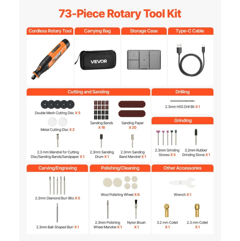 VEVOR 136-Piece Cordless Rotary Tool Kit, DC8V Portable Mini Power Rotary Tool, 5 Speeds 5000-30000RPM Multi-Purpose DIY Tools for Engraving, Sanding, Polishing, Carving, Grinding, Cutting, DIY Craft