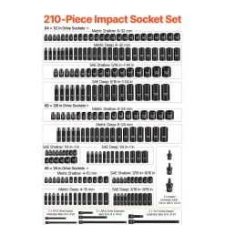 VEVOR 210 Piece Drive Impact Socket Set, 1/4, 3/8, 1/2 Inch, 6 Point Deep & Shallow Impact Sockets, SAE (3/16 to 1-1/4 in) and Metric (4 to 32 mm) Sizes with Extension Bars, Cr-Mo Steel, Carrying Case