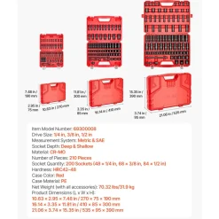 VEVOR 210 Piece Drive Impact Socket Set, 1/4, 3/8, 1/2 Inch, 6 Point Deep & Shallow Impact Sockets, SAE (3/16 to 1-1/4 in) and Metric (4 to 32 mm) Sizes with Extension Bars, Cr-Mo Steel, Carrying Case