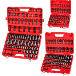 VEVOR 210 Piece Drive Impact Socket Set, 1/4, 3/8, 1/2 Inch, 6 Point Deep & Shallow Impact Sockets, SAE (3/16 to 1-1/4 in) and Metric (4 to 32 mm) Sizes with Extension Bars, Cr-Mo Steel, Carrying Case