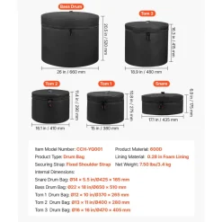 VEVOR 5-Piece Drum Case Set, 600D, Padded Drum Bags for 22 in Bass, 12/13/16 in Tom, 14 in Snare, Thick Padding, Lightweight Protective Covers Travel Storage Cases, for Drums Accessories Protection