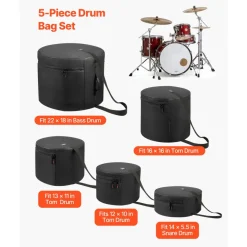 VEVOR 5-Piece Drum Case Set, 600D, Padded Drum Bags for 22 in Bass, 12/13/16 in Tom, 14 in Snare, Thick Padding, Lightweight Protective Covers Travel Storage Cases, for Drums Accessories Protection