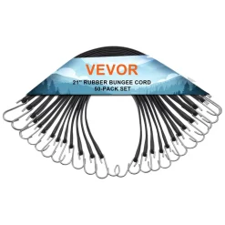 VEVOR 50 Piece Flat Bungee Cord, 19.8 mm Heavy Duty Bungee Straps with Steel S-Hooks, 21" Elastic Bungee Rope for Cargo, Tarps, Trucks and Tent, Black
