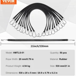 VEVOR 50 Piece Flat Bungee Cord, 19.8 mm Heavy Duty Bungee Straps with Steel S-Hooks, 21