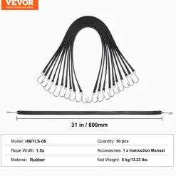 VEVOR 50 Piece Flat Bungee Cord, 19.8 mm Heavy Duty Bungee Straps with Steel S-Hooks, 31