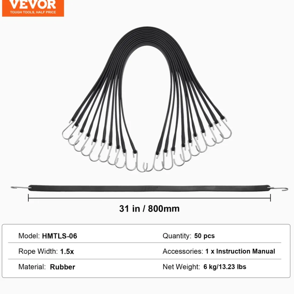 VEVOR 50 Piece Flat Bungee Cord, 19.8 mm Heavy Duty Bungee Straps with Steel S-Hooks, 31" Elastic Bungee Rope for Cargo, Tarps, Trucks and Tent, Black