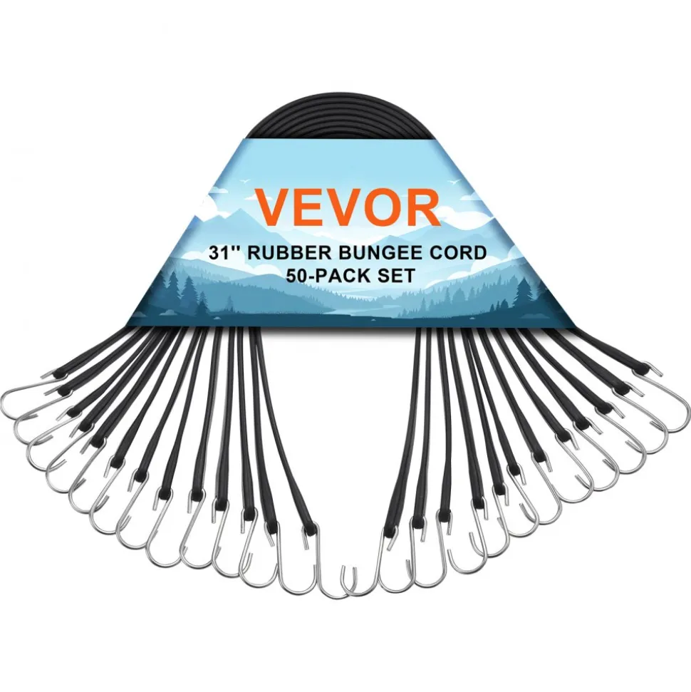 VEVOR 50 Piece Flat Bungee Cord, 19.8 mm Heavy Duty Bungee Straps with Steel S-Hooks, 31" Elastic Bungee Rope for Cargo, Tarps, Trucks and Tent, Black