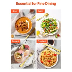 VEVOR 60-Piece Gold Silverware Set, Food-Grade Stainless Steel Flatware Utensils for 12, Mirror Finished Cutlery Set, Dishwasher Safe Eating Tableware for Kitchen Home, Include Knife Fork Spoon