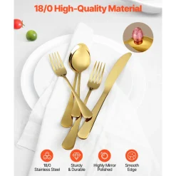 VEVOR 60-Piece Gold Silverware Set, Food-Grade Stainless Steel Flatware Utensils for 12, Mirror Finished Cutlery Set, Dishwasher Safe Eating Tableware for Kitchen Home, Include Knife Fork Spoon
