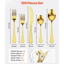VEVOR 100-Piece Gold Silverware Set, Food-Grade Stainless Steel Flatware Utensils for 20, Mirror Finished Cutlery Set, Dishwasher Safe Eating Tableware for Kitchen Home, Include Knife Fork Spoon