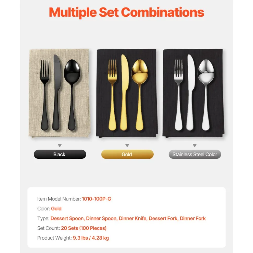 VEVOR 100-Piece Gold Silverware Set, Food-Grade Stainless Steel Flatware Utensils for 20, Mirror Finished Cutlery Set, Dishwasher Safe Eating Tableware for Kitchen Home, Include Knife Fork Spoon