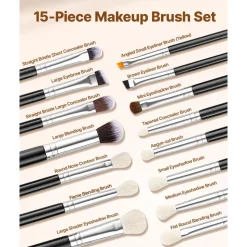 VEVOR 15-Piece Makeup Brush Set for Foundation Blending Eyeshadow, Professional Vegan Brushes with Soft Synthetic Bristles, Ergonomic Wood Handle & Aluminum Ferrule, Portable and Travel-Friendly