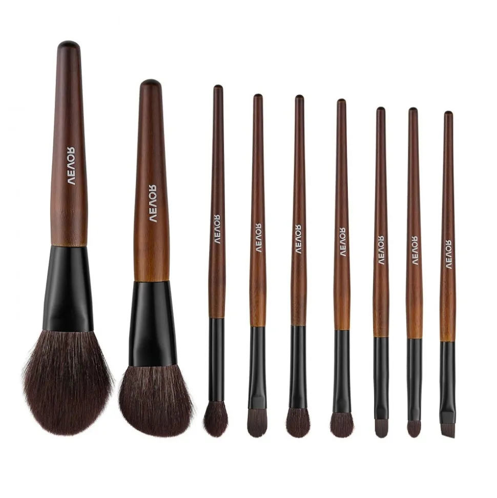 VEVOR 9-Piece Makeup Brush Set for Foundation Blending Eyeshadow, Professional Makeup Brush Kit with Soft Natural Wool & Vegan Synthetic Bristles, Ergonomic Wood Handle, Travel-Friendly Storage Bag