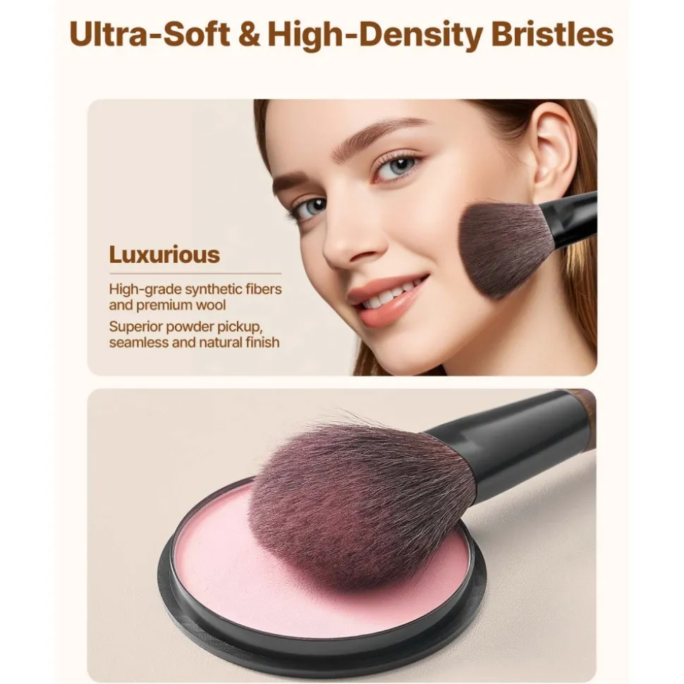 VEVOR 9-Piece Makeup Brush Set for Foundation Blending Eyeshadow, Professional Makeup Brush Kit with Soft Natural Wool & Vegan Synthetic Bristles, Ergonomic Wood Handle, Travel-Friendly Storage Bag