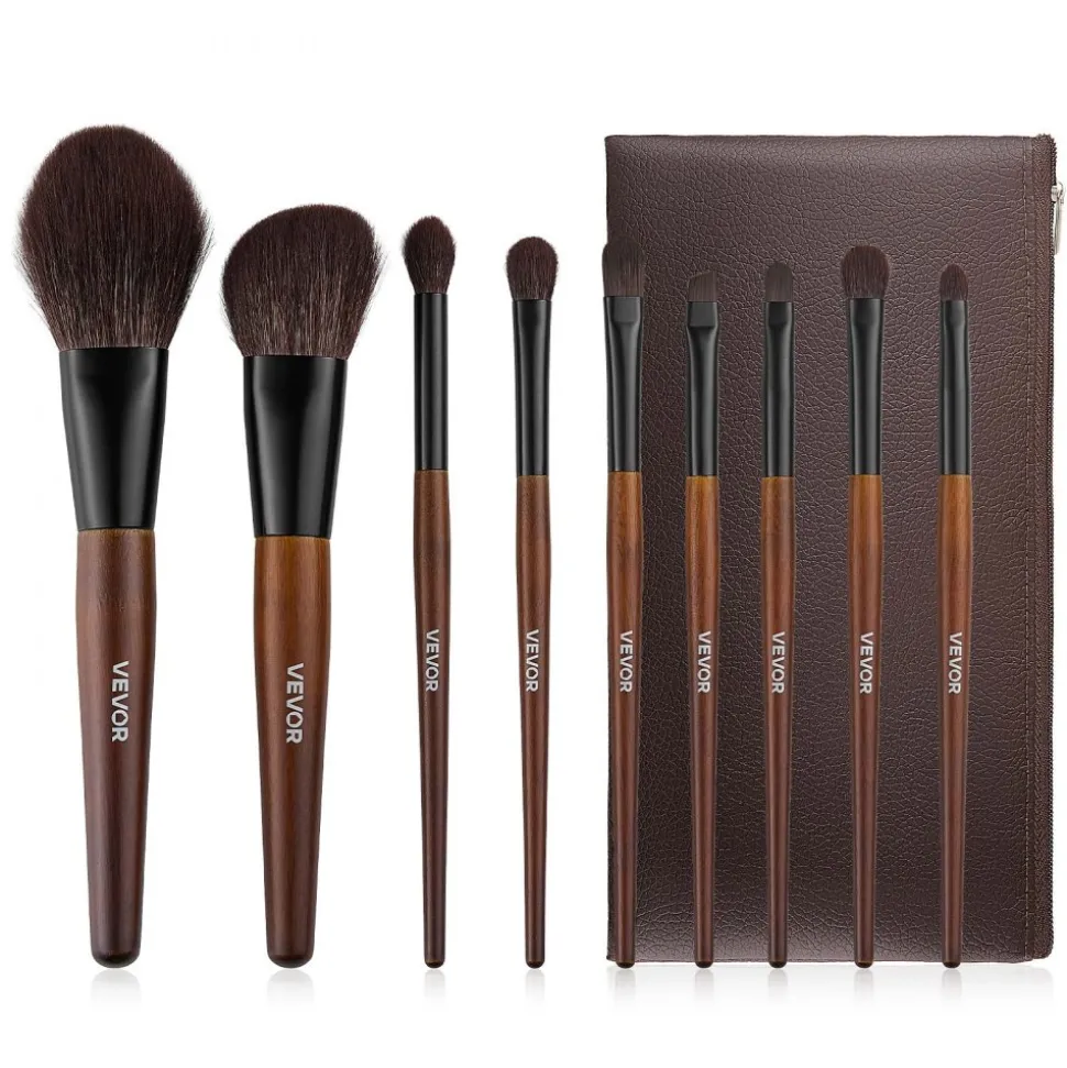 VEVOR 9-Piece Makeup Brush Set for Foundation Blending Eyeshadow, Professional Makeup Brush Kit with Soft Natural Wool & Vegan Synthetic Bristles, Ergonomic Wood Handle, Travel-Friendly Storage Bag