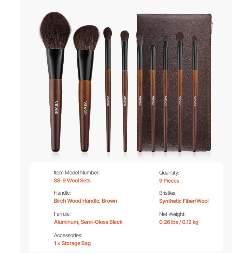 VEVOR 9-Piece Makeup Brush Set for Foundation Blending Eyeshadow, Professional Makeup Brush Kit with Soft Natural Wool & Vegan Synthetic Bristles, Ergonomic Wood Handle, Travel-Friendly Storage Bag