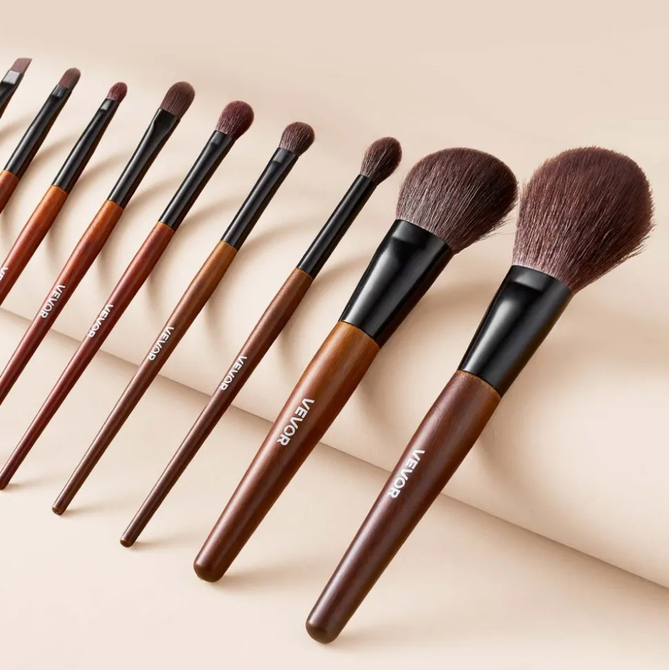 VEVOR 9-Piece Makeup Brush Set for Foundation Blending Eyeshadow, Professional Makeup Brush Kit with Soft Natural Wool & Vegan Synthetic Bristles, Ergonomic Wood Handle, Travel-Friendly Storage Bag
