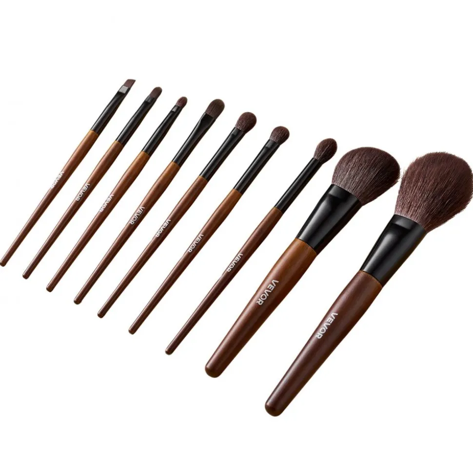 VEVOR 9-Piece Makeup Brush Set for Foundation Blending Eyeshadow, Professional Makeup Brush Kit with Soft Natural Wool & Vegan Synthetic Bristles, Ergonomic Wood Handle, Travel-Friendly Storage Bag