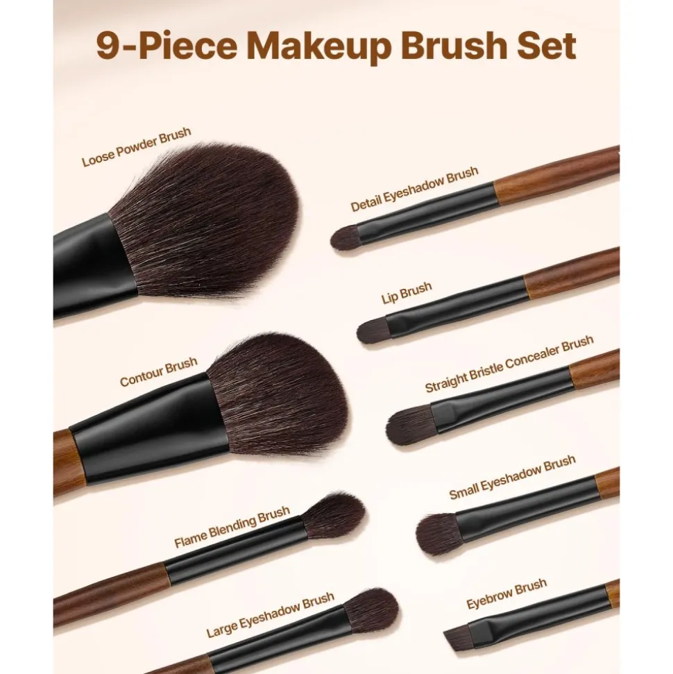 VEVOR 9-Piece Makeup Brush Set for Foundation Blending Eyeshadow, Professional Makeup Brush Kit with Soft Natural Wool & Vegan Synthetic Bristles, Ergonomic Wood Handle, Travel-Friendly Storage Bag