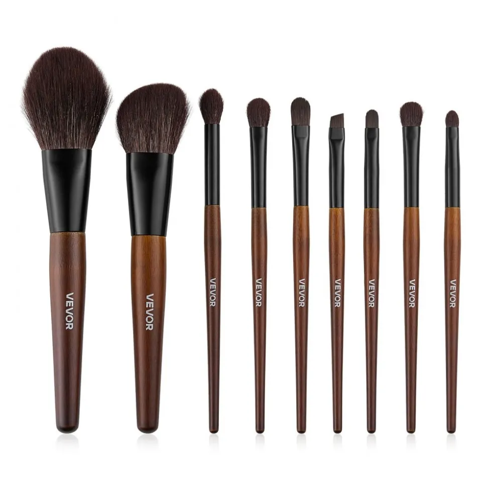 VEVOR 9-Piece Makeup Brush Set for Foundation Blending Eyeshadow, Professional Makeup Brush Kit with Soft Natural Wool & Vegan Synthetic Bristles, Ergonomic Wood Handle, Travel-Friendly Storage Bag
