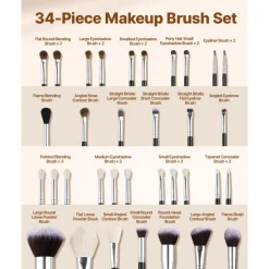 VEVOR 34-Piece Makeup Brush Set, Professional Brushes Kit for Foundation Blending Eyeshadow Concealer Blush - with Soft Bristles, Ergonomic Wood Handle, Travel-Friendly Case Included