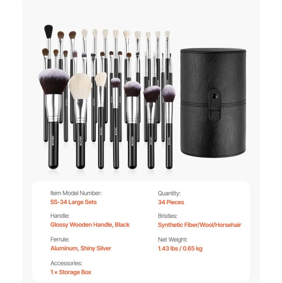 VEVOR 34-Piece Makeup Brush Set, Professional Brushes Kit for Foundation Blending Eyeshadow Concealer Blush - with Soft Bristles, Ergonomic Wood Handle, Travel-Friendly Case Included