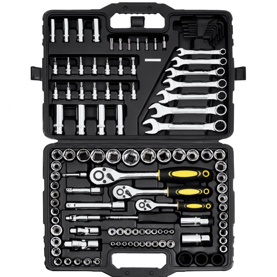 VEVOR 121-Piece Mechanics Tool Set, 1/4" 3/8" 1/2" Drive Sockets, SAE and Metric Mechanic Tool Kit with Bits, Wrenches, Ratchet Handle, Accessories, and Plastic Storage Case, for Automotive Repair
