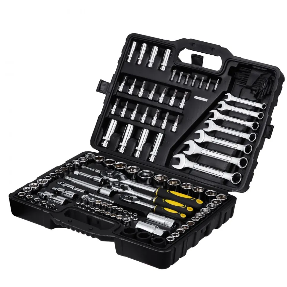 VEVOR 121-Piece Mechanics Tool Set, 1/4" 3/8" 1/2" Drive Sockets, SAE and Metric Mechanic Tool Kit with Bits, Wrenches, Ratchet Handle, Accessories, and Plastic Storage Case, for Automotive Repair