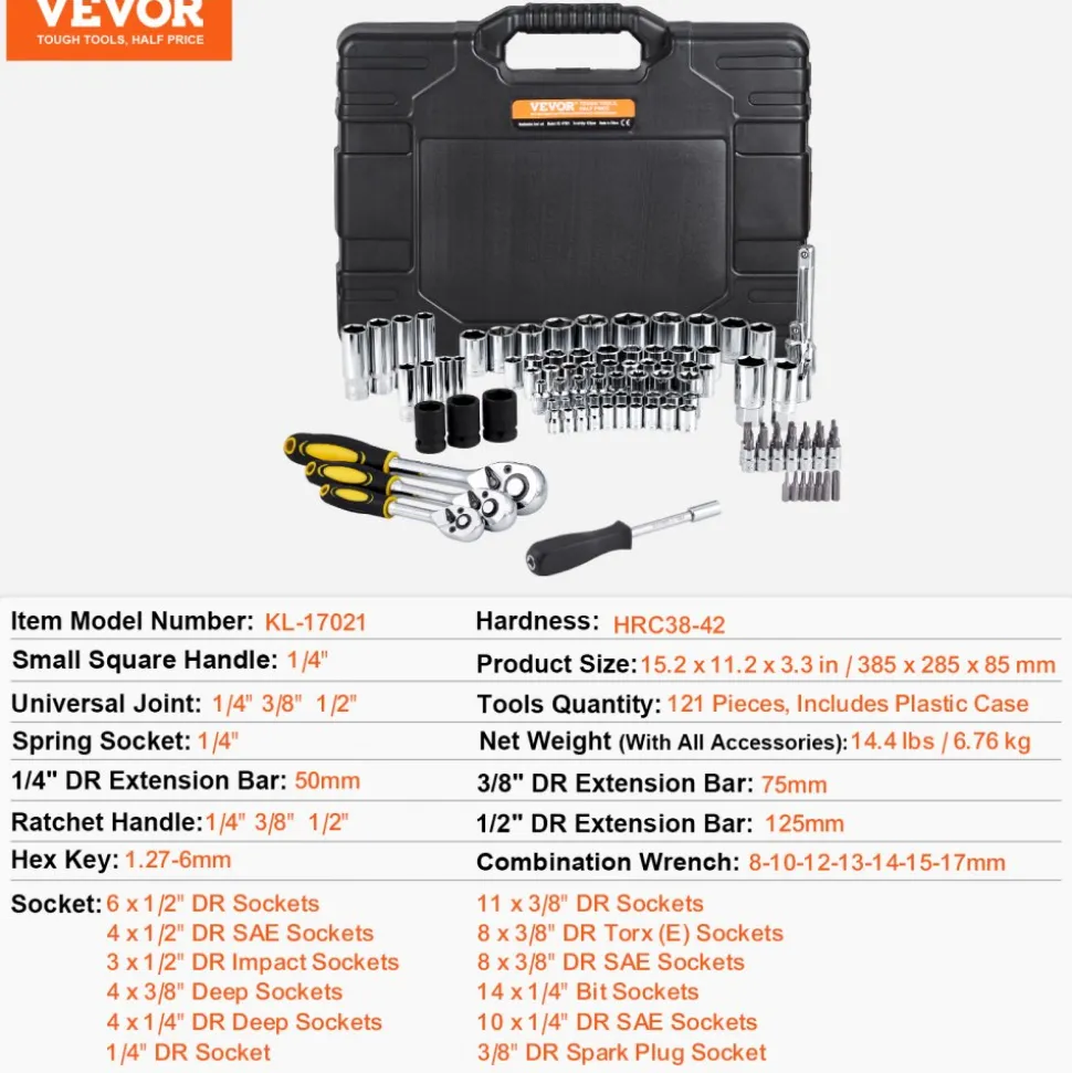 VEVOR 121-Piece Mechanics Tool Set, 1/4" 3/8" 1/2" Drive Sockets, SAE and Metric Mechanic Tool Kit with Bits, Wrenches, Ratchet Handle, Accessories, and Plastic Storage Case, for Automotive Repair