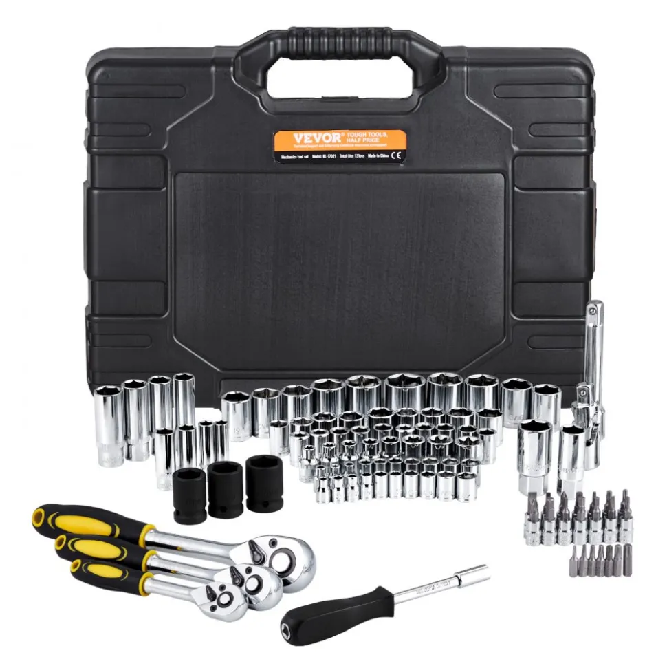 VEVOR 121-Piece Mechanics Tool Set, 1/4" 3/8" 1/2" Drive Sockets, SAE and Metric Mechanic Tool Kit with Bits, Wrenches, Ratchet Handle, Accessories, and Plastic Storage Case, for Automotive Repair
