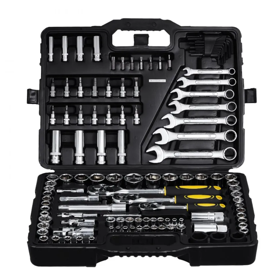 VEVOR 121-Piece Mechanics Tool Set, 1/4" 3/8" 1/2" Drive Sockets, SAE and Metric Mechanic Tool Kit with Bits, Wrenches, Ratchet Handle, Accessories, and Plastic Storage Case, for Automotive Repair