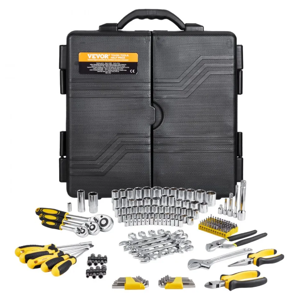 VEVOR 207-Piece Mechanics Tool Set, 1/4" 3/8" 1/2" Drive Sockets, SAE and Metric Mechanic Tool Kit with Bits, Wrenches, Ratchet Handle, Accessories, and Plastic Storage Case, for Automotive Repair