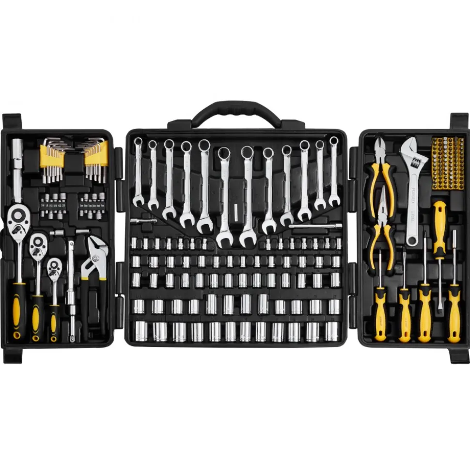 VEVOR 207-Piece Mechanics Tool Set, 1/4" 3/8" 1/2" Drive Sockets, SAE and Metric Mechanic Tool Kit with Bits, Wrenches, Ratchet Handle, Accessories, and Plastic Storage Case, for Automotive Repair