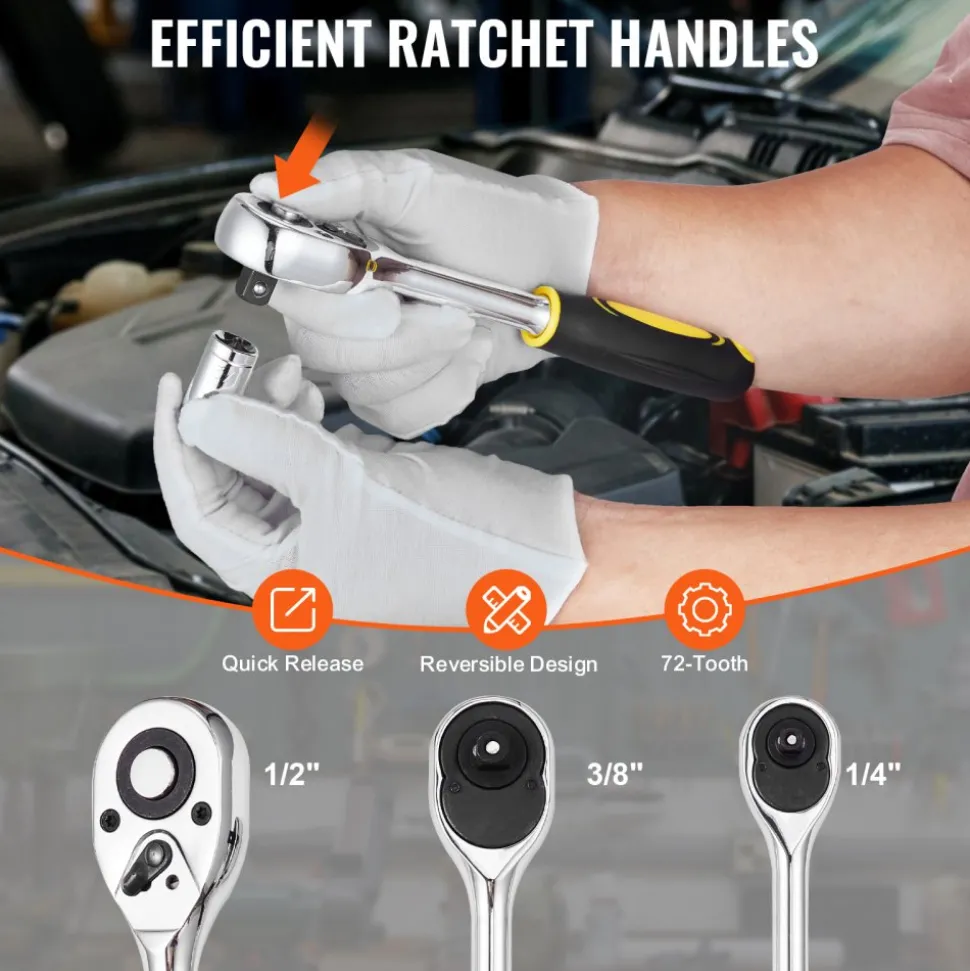 VEVOR 207-Piece Mechanics Tool Set, 1/4" 3/8" 1/2" Drive Sockets, SAE and Metric Mechanic Tool Kit with Bits, Wrenches, Ratchet Handle, Accessories, and Plastic Storage Case, for Automotive Repair