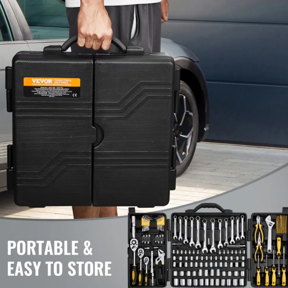 VEVOR 207-Piece Mechanics Tool Set, 1/4" 3/8" 1/2" Drive Sockets, SAE and Metric Mechanic Tool Kit with Bits, Wrenches, Ratchet Handle, Accessories, and Plastic Storage Case, for Automotive Repair