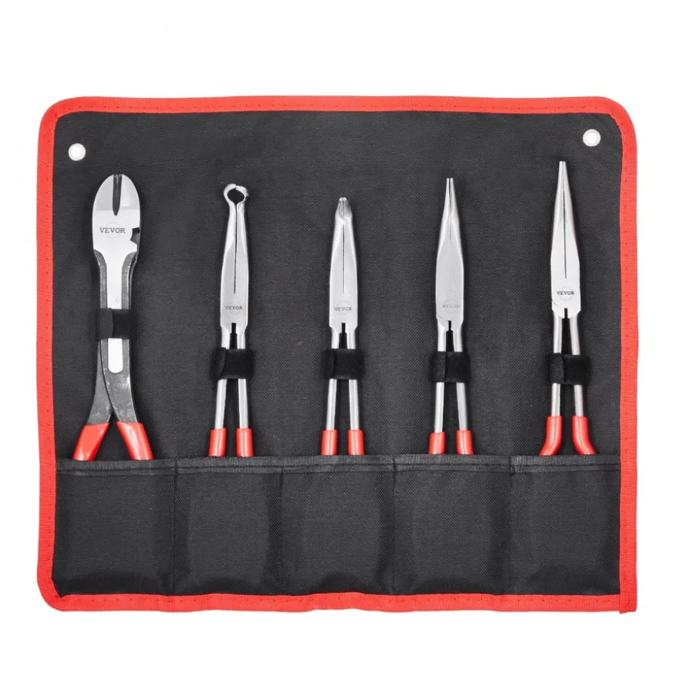 VEVOR 5-Piece Needle Nose Pliers, 11 in Long Needle Nose Pliers Set, Diagonal Cutting Pliers, 45°/ 90° Bent Nose Plier, Round Nose Plier, Long Nose Plier, Professional Pliers Set with Storage Bag