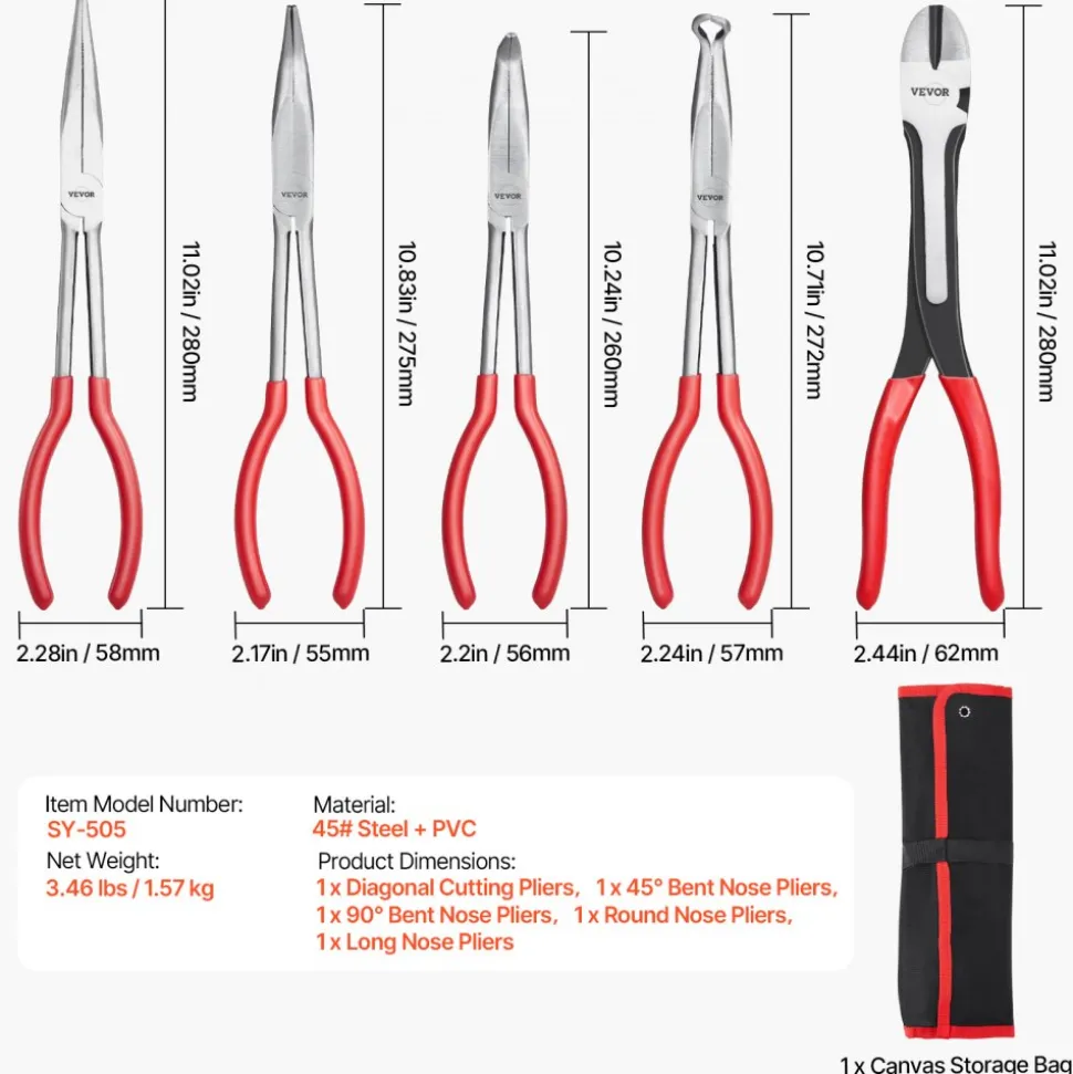 VEVOR 5-Piece Needle Nose Pliers, 11 in Long Needle Nose Pliers Set, Diagonal Cutting Pliers, 45°/ 90° Bent Nose Plier, Round Nose Plier, Long Nose Plier, Professional Pliers Set with Storage Bag