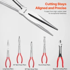 VEVOR 5-Piece Needle Nose Pliers, 11 in Long Needle Nose Pliers Set, Diagonal Cutting Pliers, 45°/ 90° Bent Nose Plier, Round Nose Plier, Long Nose Plier, Professional Pliers Set with Storage Bag