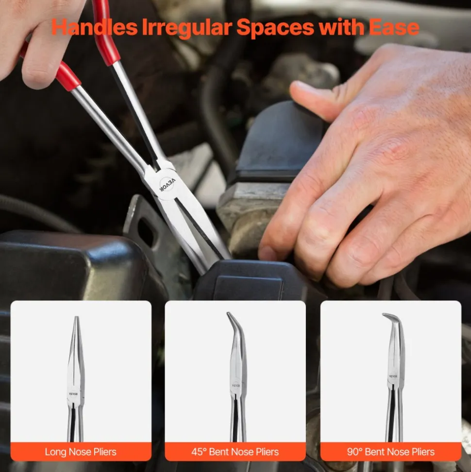 VEVOR 5-Piece Needle Nose Pliers, 11 in Long Needle Nose Pliers Set, Diagonal Cutting Pliers, 45°/ 90° Bent Nose Plier, Round Nose Plier, Long Nose Plier, Professional Pliers Set with Storage Bag