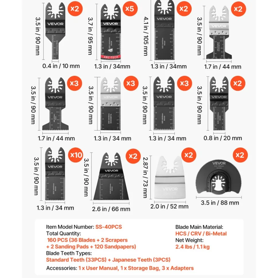 VEVOR 160-Piece Oscillating Saw Blades and Sanding Kit – 36 Universal Multi Tool Blades with 2 Scrapers, 2 Sanding Pads & 120 Sandpapers, 11 Types Oscillating Multitool Blades for Wood Plastic Metal