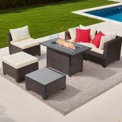 VEVOR 6-Piece Outdoor Patio Furniture Set, Wicker Rattan Outdoor Sectional Conversation Set with 50000BTU Propane Fire Pit Table, Cushioned Sofas, Coffee Table & Ottoman for Patio Garden Backyard
