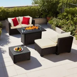VEVOR 6-Piece Outdoor Patio Furniture Set, Wicker Rattan Outdoor Sectional Conversation Set with 50000BTU Propane Fire Pit Table, Cushioned Sofas, Coffee Table & Ottoman for Patio Garden Backyard
