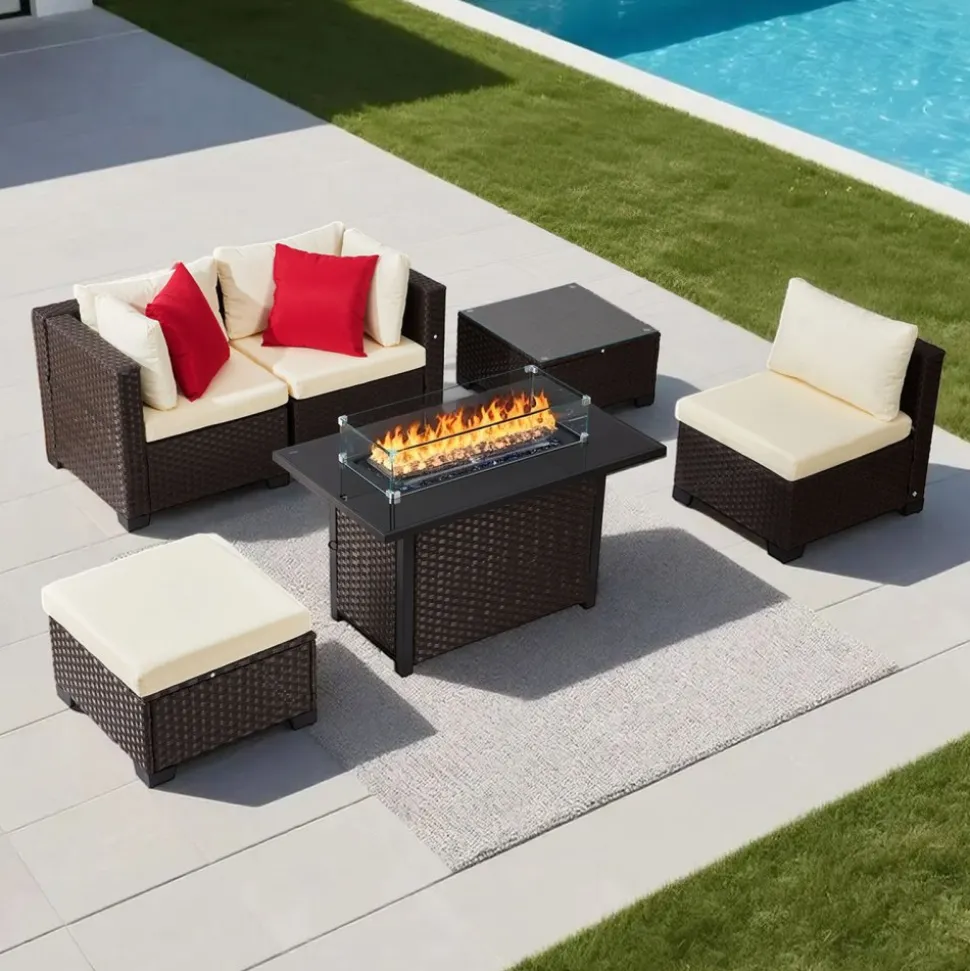 VEVOR 6-Piece Outdoor Patio Furniture Set, Wicker Rattan Outdoor Sectional Conversation Set with 50000BTU Propane Fire Pit Table, Cushioned Sofas, Coffee Table & Ottoman for Patio Garden Backyard