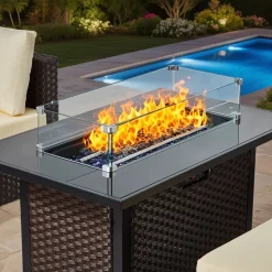 VEVOR 6-Piece Outdoor Patio Furniture Set, Wicker Rattan Outdoor Sectional Conversation Set with 50000BTU Propane Fire Pit Table, Cushioned Sofas, Coffee Table & Ottoman for Patio Garden Backyard