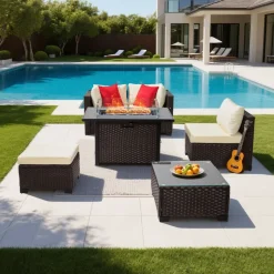VEVOR 6-Piece Outdoor Patio Furniture Set, Wicker Rattan Outdoor Sectional Conversation Set with 50000BTU Propane Fire Pit Table, Cushioned Sofas, Coffee Table & Ottoman for Patio Garden Backyard