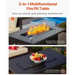VEVOR 6-Piece Outdoor Patio Furniture Set, Wicker Rattan Outdoor Sectional Conversation Set with 50000BTU Propane Fire Pit Table, Cushioned Sofas, Coffee Table & Ottoman for Patio Garden Backyard