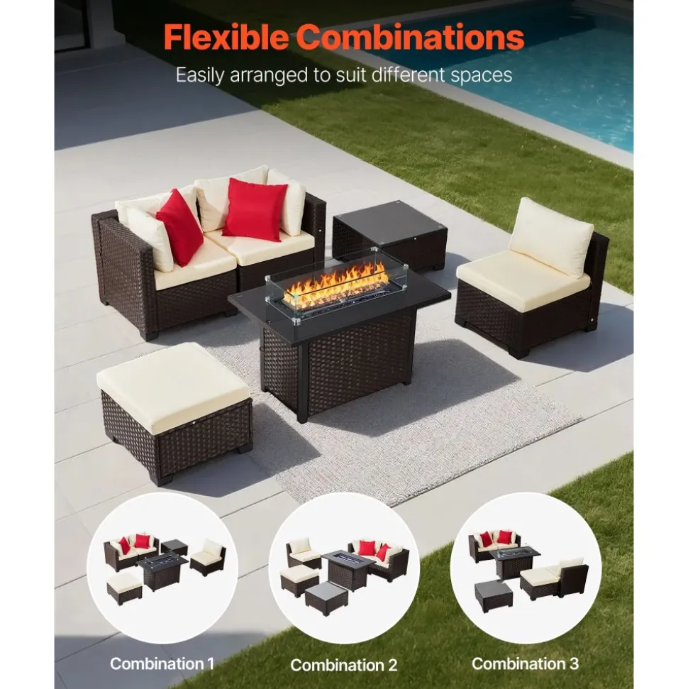 VEVOR 6-Piece Outdoor Patio Furniture Set, Wicker Rattan Outdoor Sectional Conversation Set with 50000BTU Propane Fire Pit Table, Cushioned Sofas, Coffee Table & Ottoman for Patio Garden Backyard
